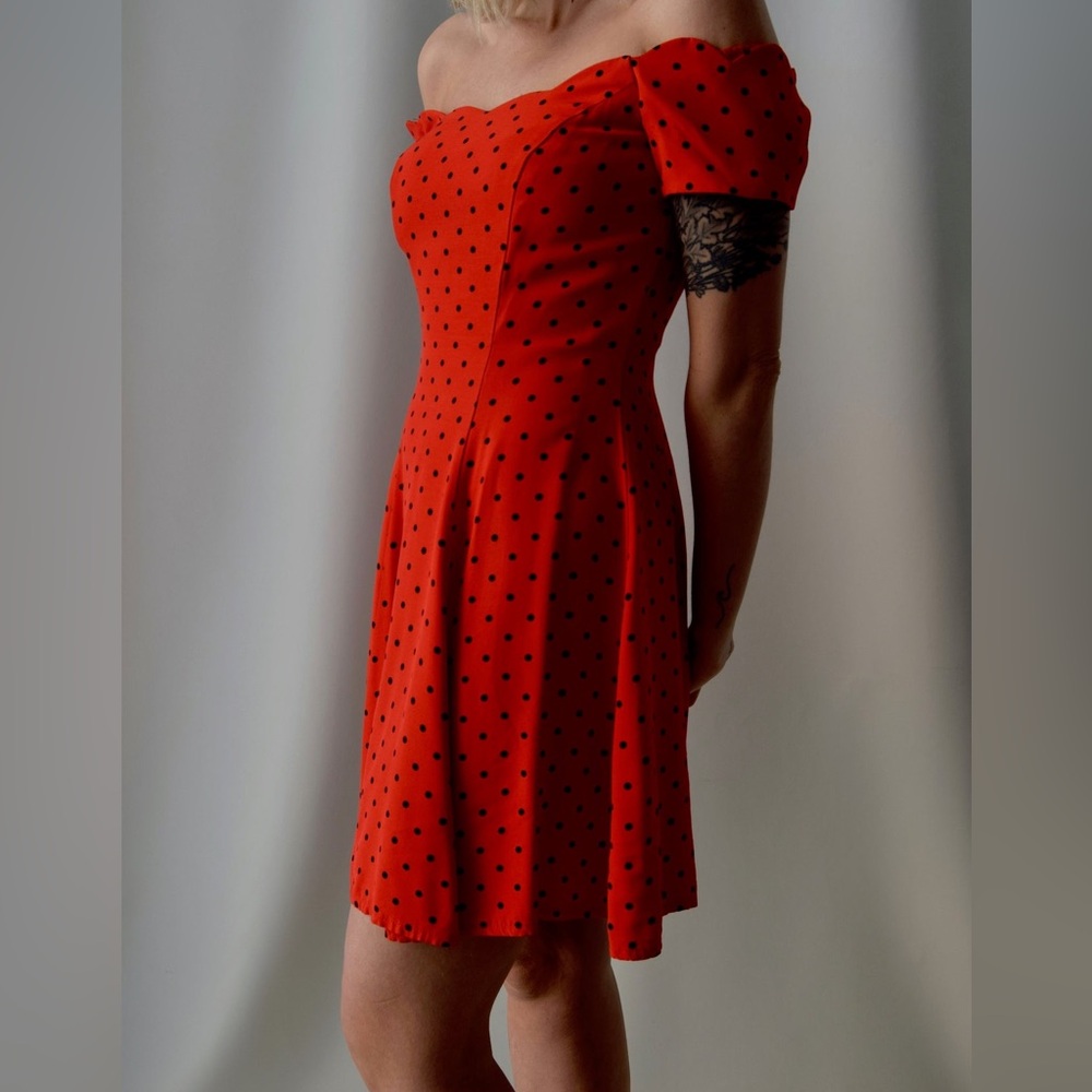 Vintage 80’s Algo-Ettes Red Polka Dot Off Shoulder Dress – Scalloped Neckline
